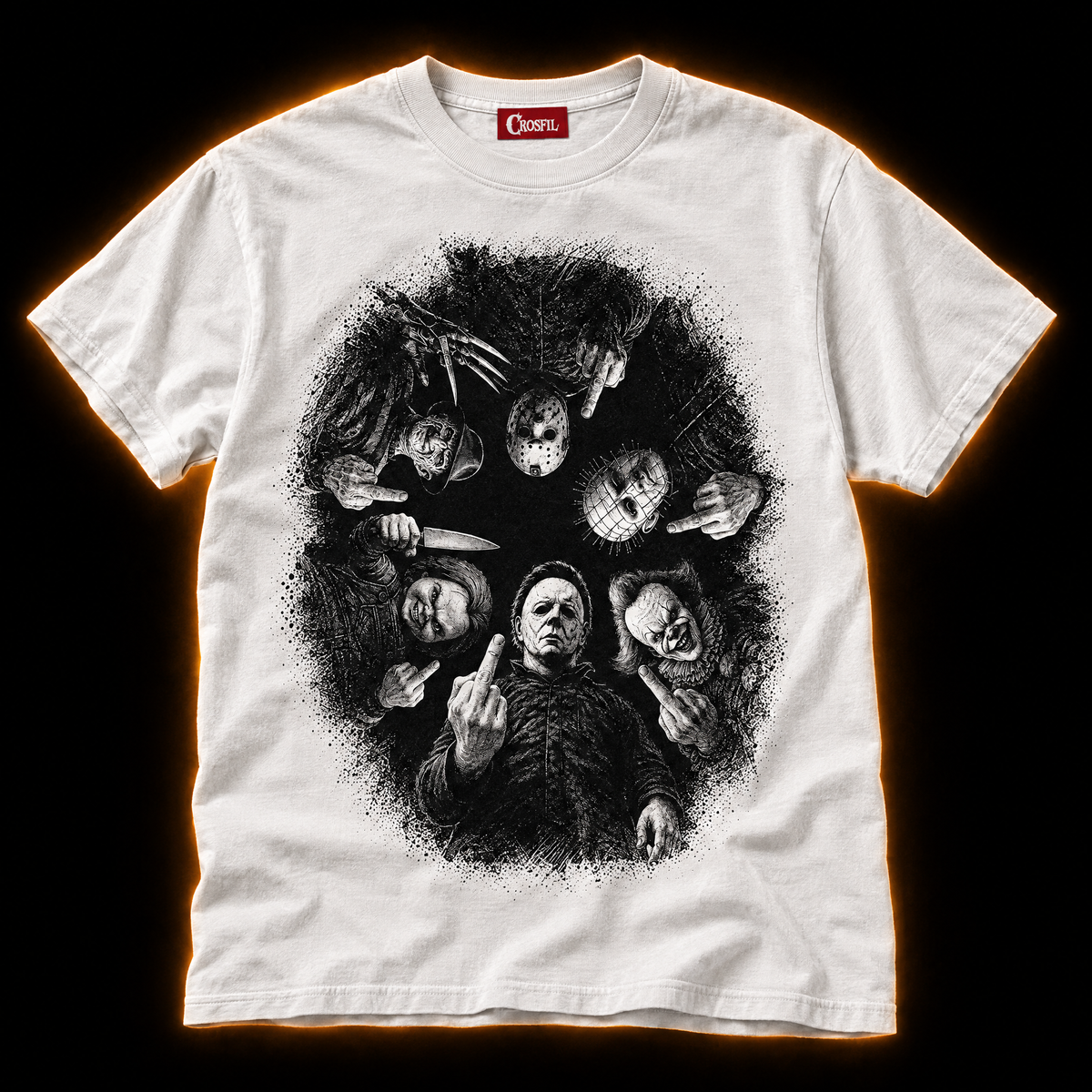 Rude Awakening white T-shirt — horror icons engraved scratchboard print