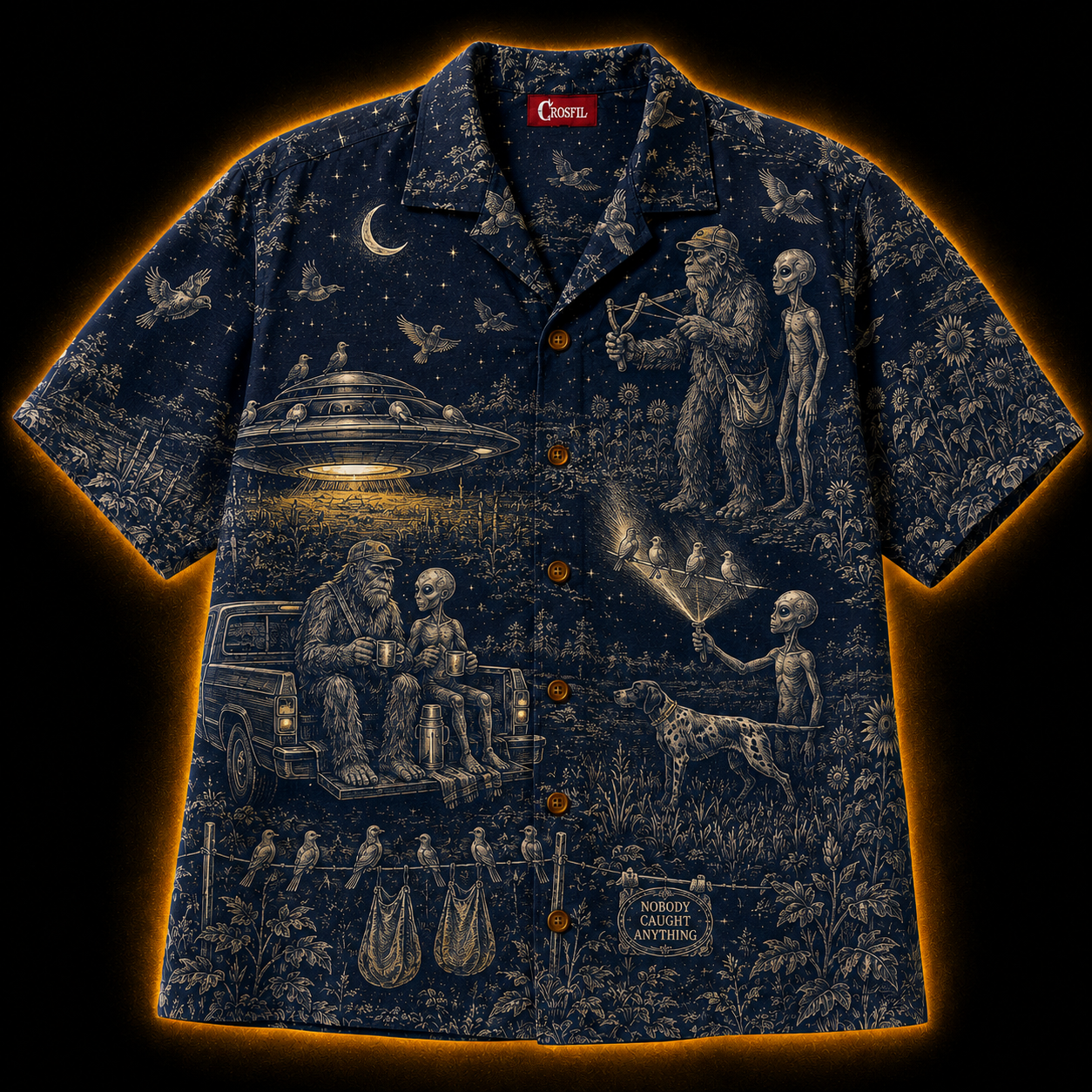 Crosfil Second Cup Hawaiian Shirt — Bigfoot & Alien Toile Print