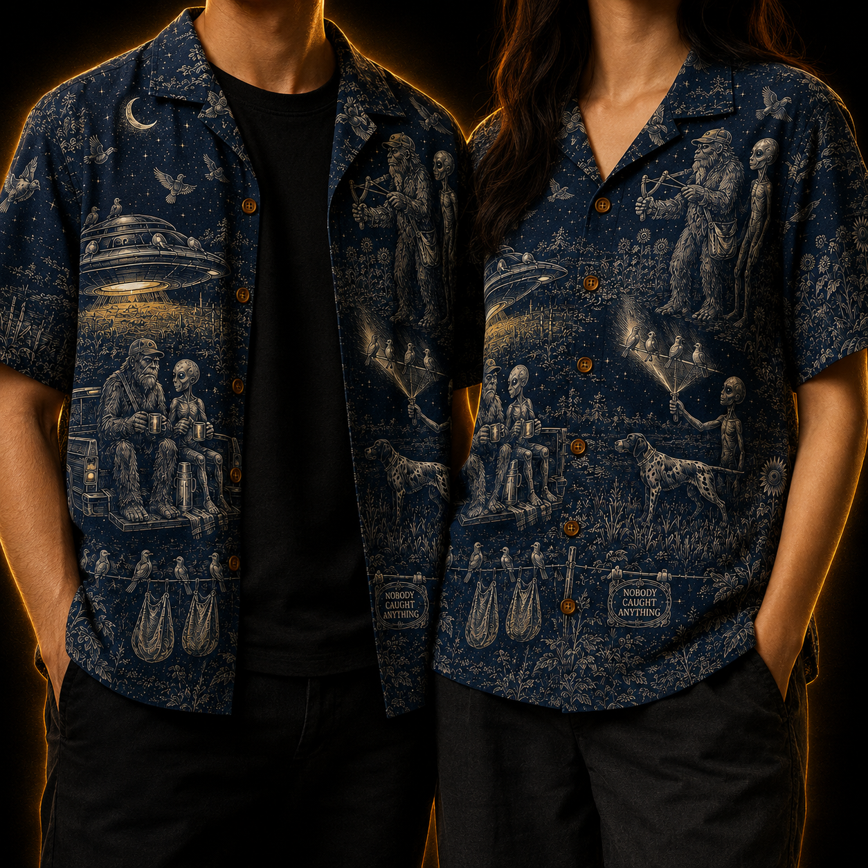 Crosfil Second Cup Hawaiian Shirt — Bigfoot & Alien Toile Print