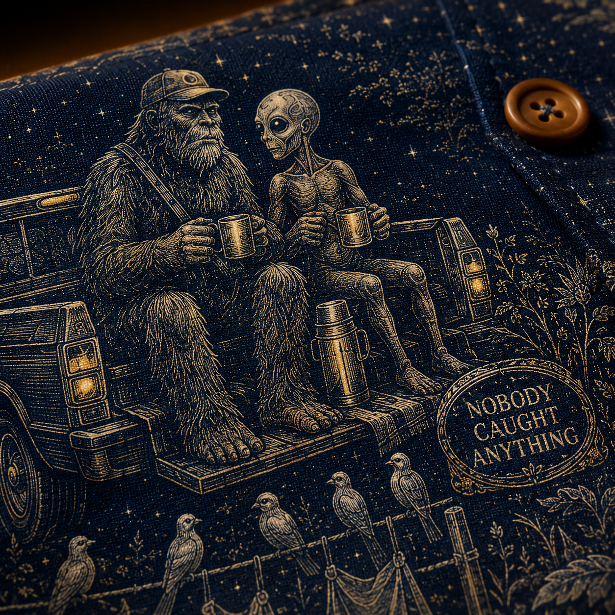Crosfil Second Cup Hawaiian Shirt — Bigfoot & Alien Toile Print
