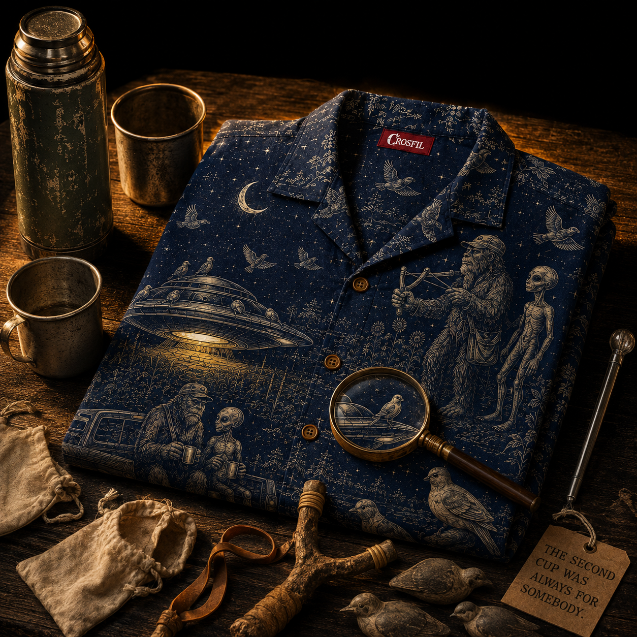 Crosfil Second Cup Hawaiian Shirt — Bigfoot & Alien Toile Print