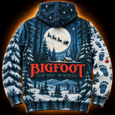Silent Night hoodie back — full moon with a flying sleigh over a cabin and the words Bigfoot Silent Night No Witnesses