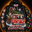 Slay Ride hoodie front — horror legends in Santa hats on a red Christmas camper van with a tree on the roof, Merry Christmas