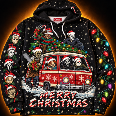 Slay Ride hoodie front — horror legends in Santa hats on a red Christmas camper van with a tree on the roof, Merry Christmas