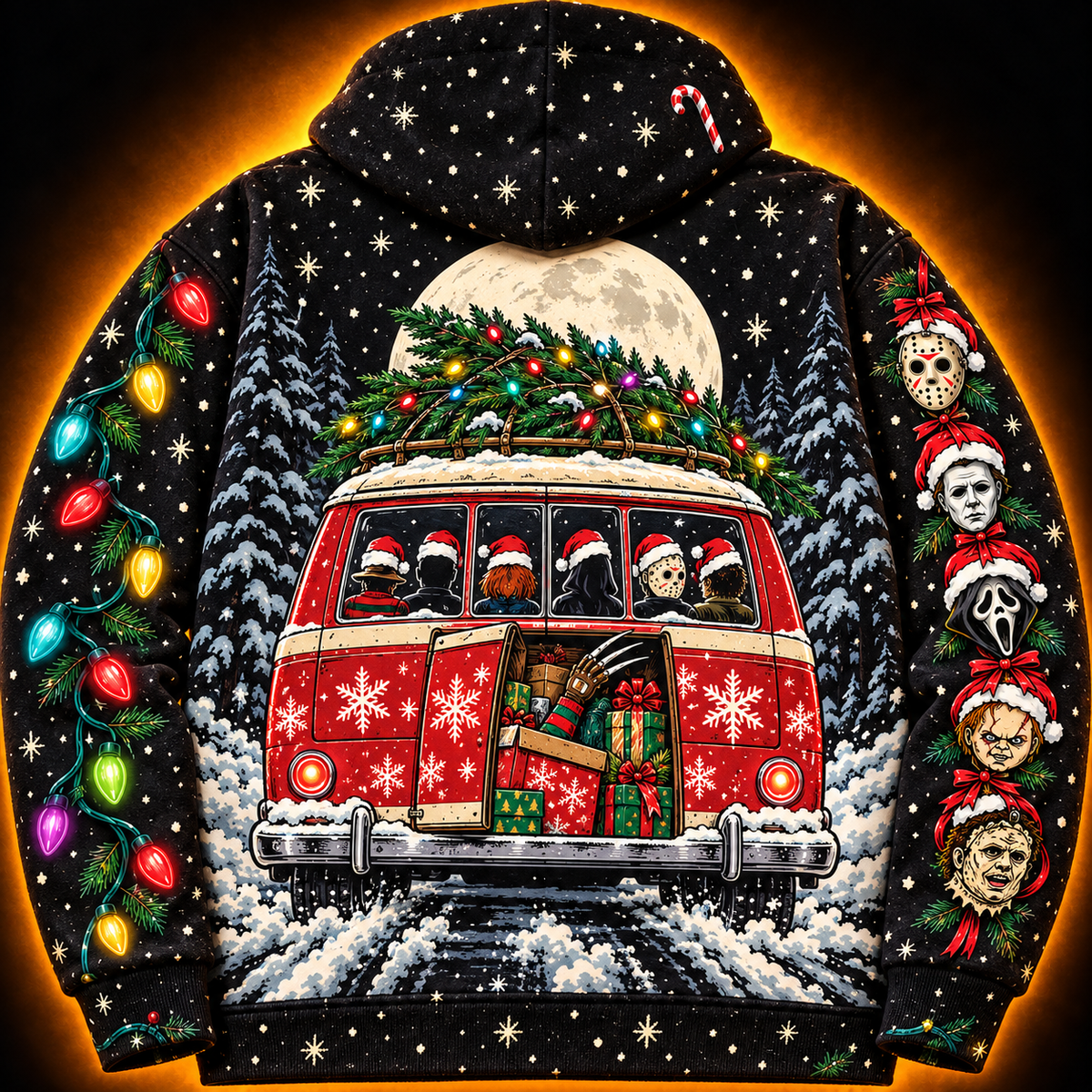 Slay Ride hoodie back — red camper van driving away under a full moon with presents spilling out