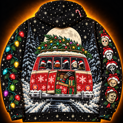 Slay Ride hoodie back — red camper van driving away under a full moon with presents spilling out