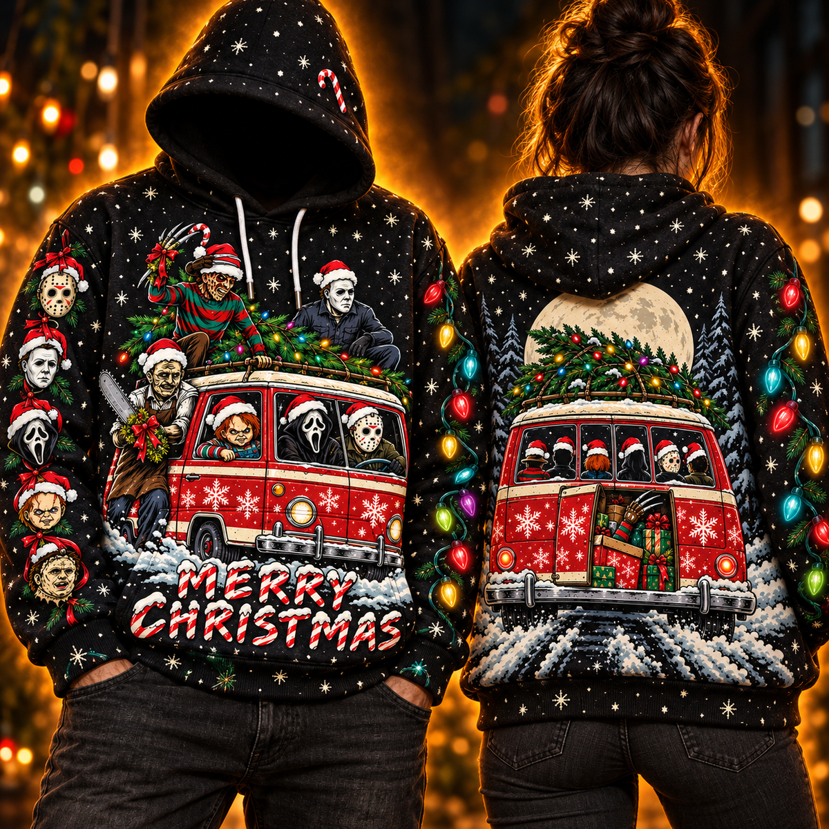 Two people wearing the Slay Ride horror Christmas hoodie