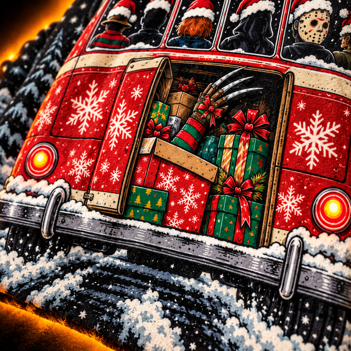 Close-up of the Slay Ride hoodie — the back of the Christmas van with presents and a waving glove