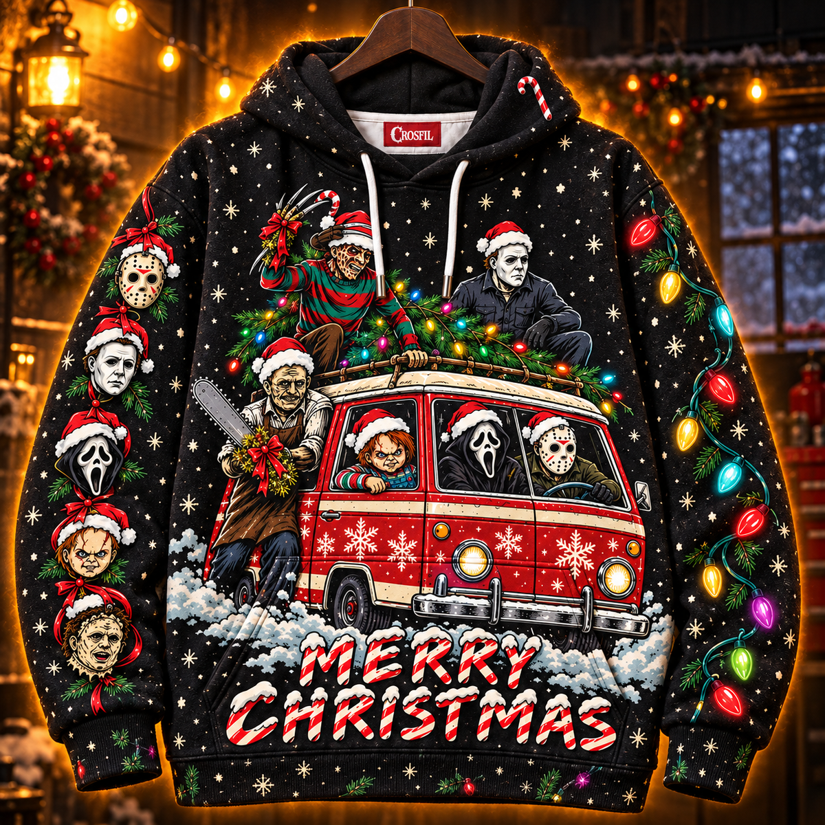 Slay Ride horror Christmas hoodie hanging on a wooden hanger