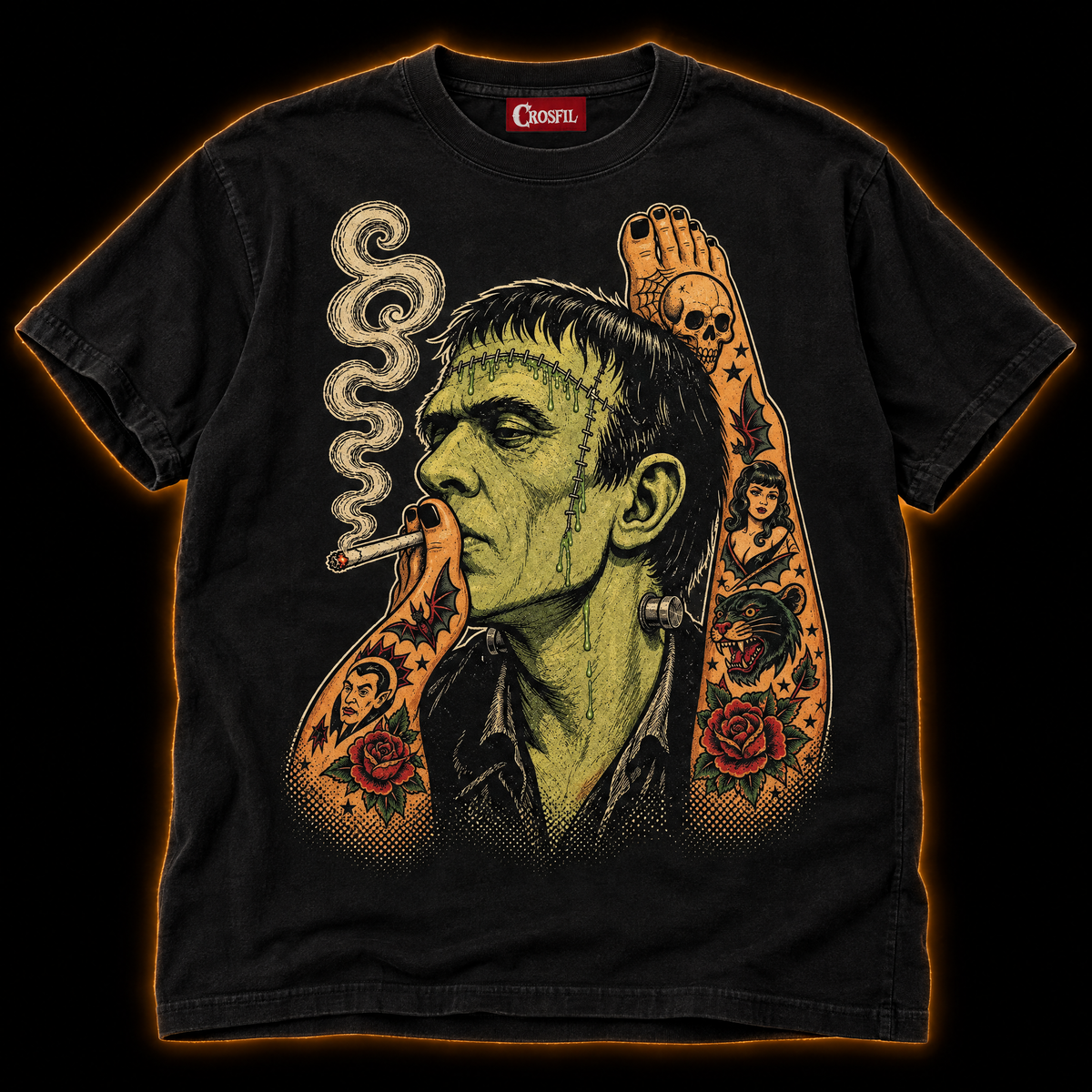 Smoke Break black T-shirt — tattooed Frankenstein monster smoking, vintage tattoo flash print