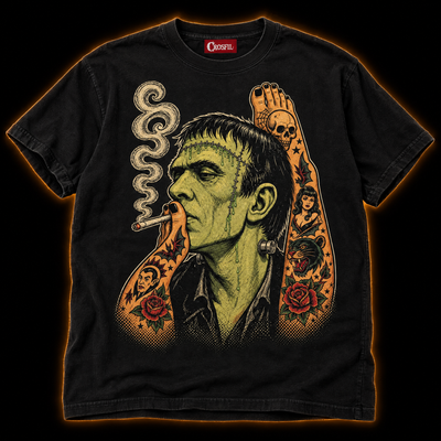 Smoke Break black T-shirt — tattooed Frankenstein monster smoking, vintage tattoo flash print