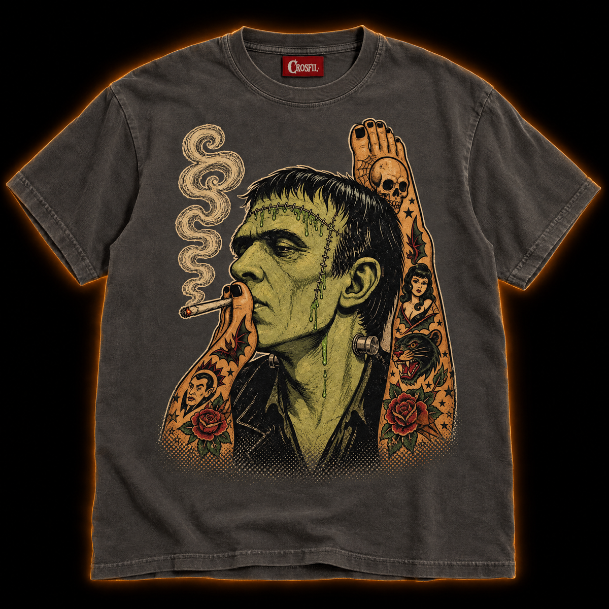 Smoke Break pepper T-shirt — tattooed Frankenstein monster smoking, vintage tattoo flash print