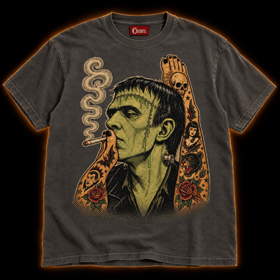 Smoke Break pepper T-shirt — tattooed Frankenstein monster smoking, vintage tattoo flash print