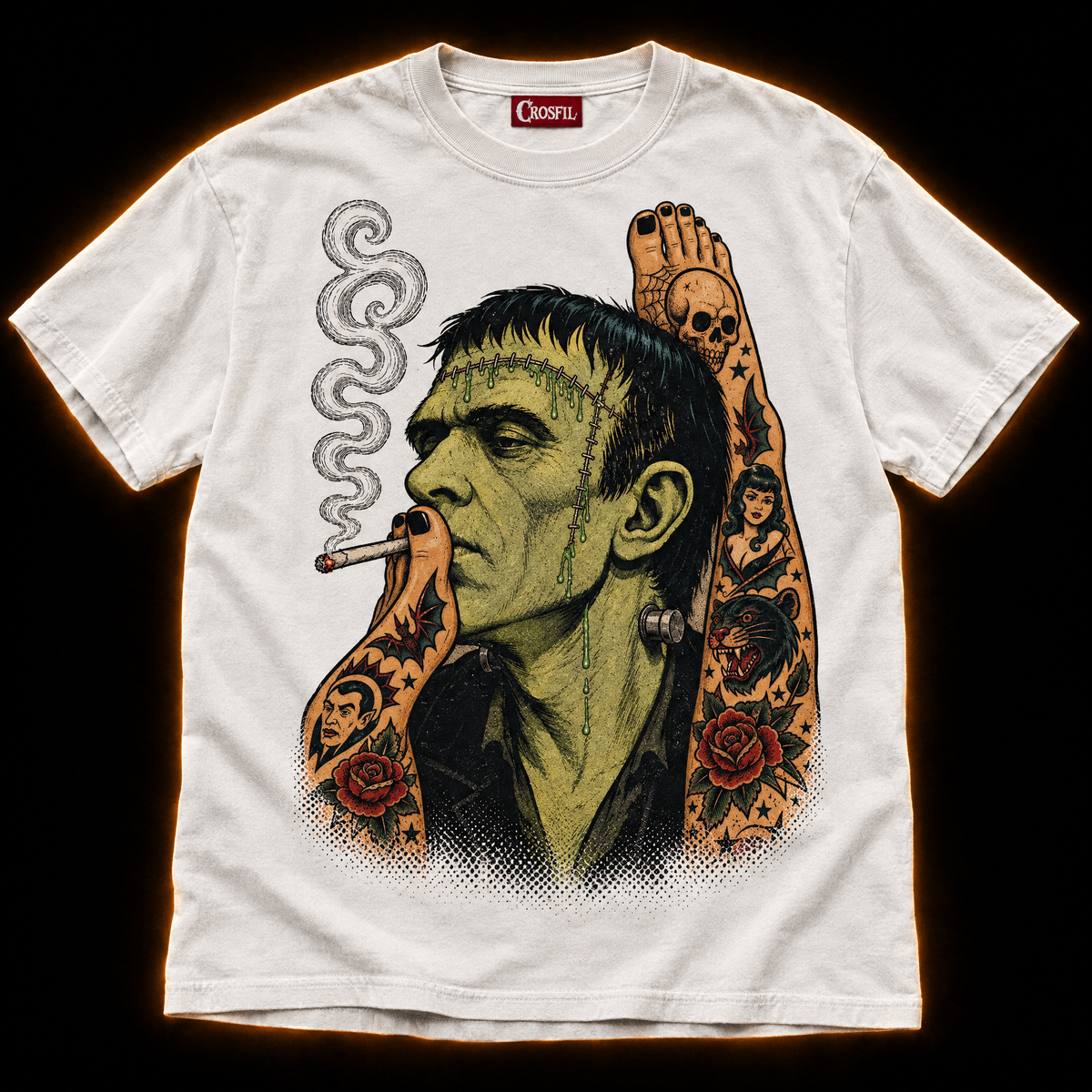 Smoke Break white T-shirt — tattooed Frankenstein monster smoking, vintage tattoo flash print