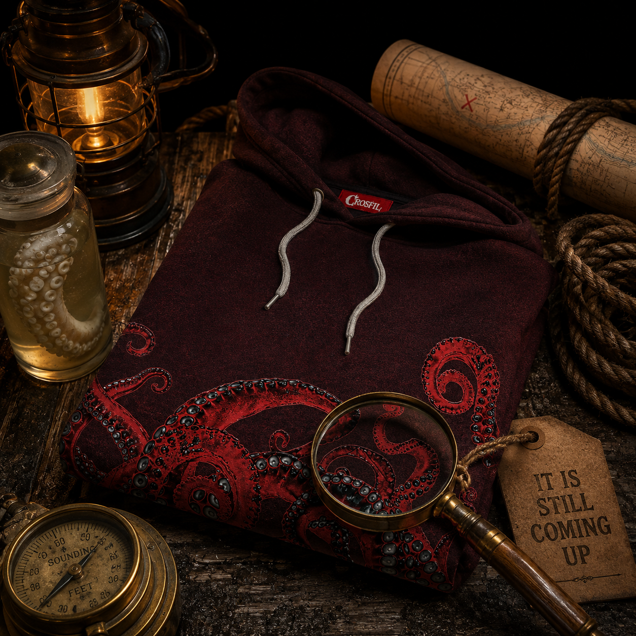 Crosfil Surfacing Hoodie — Red Kraken Tentacle All-Over Print