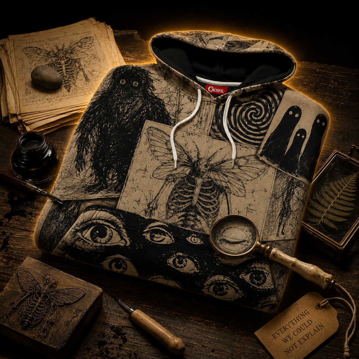 Crosfil The Archive Hoodie — Cryptid Ink Studies Dark Academia Print