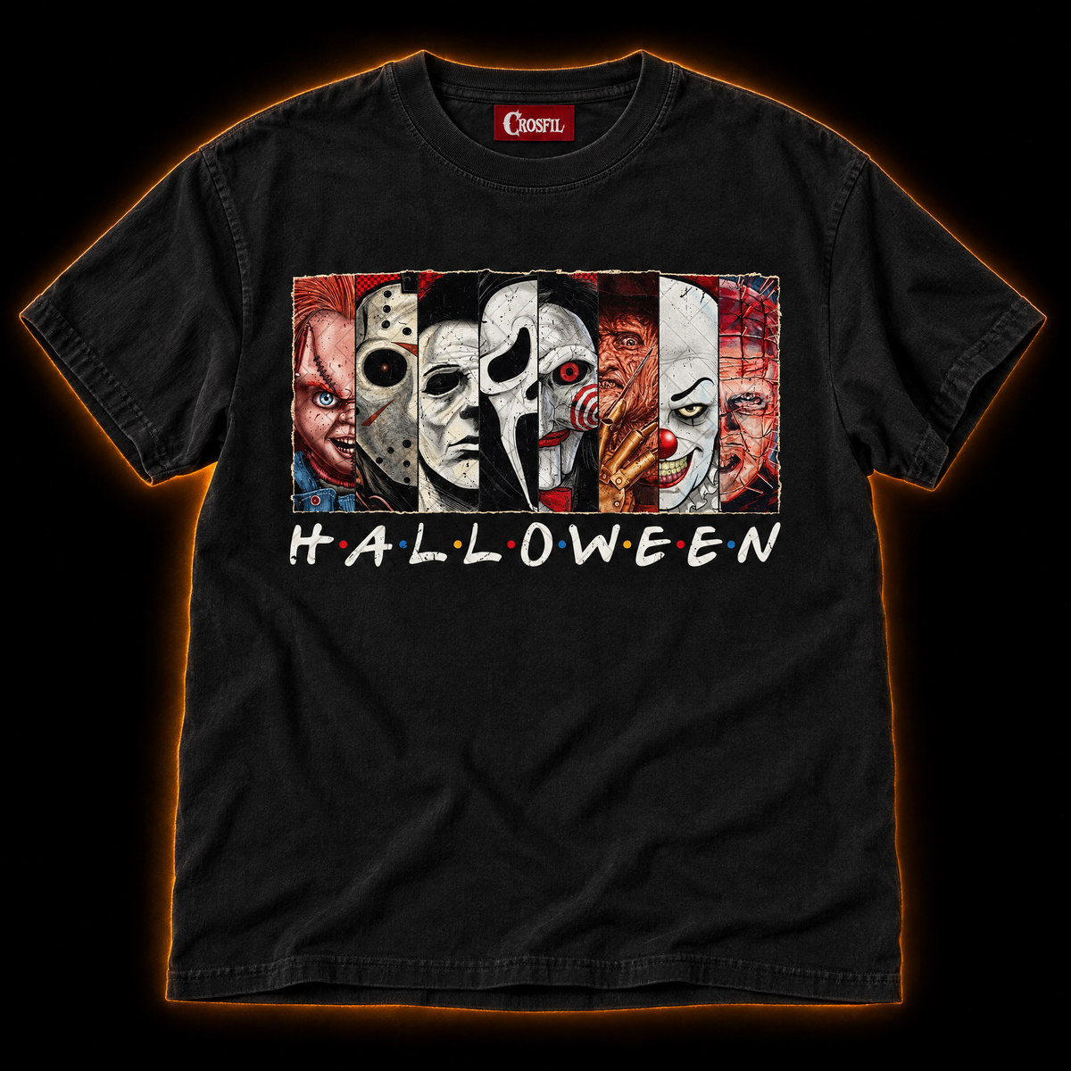 The Lineup black T-shirt — horror icons portrait strip print