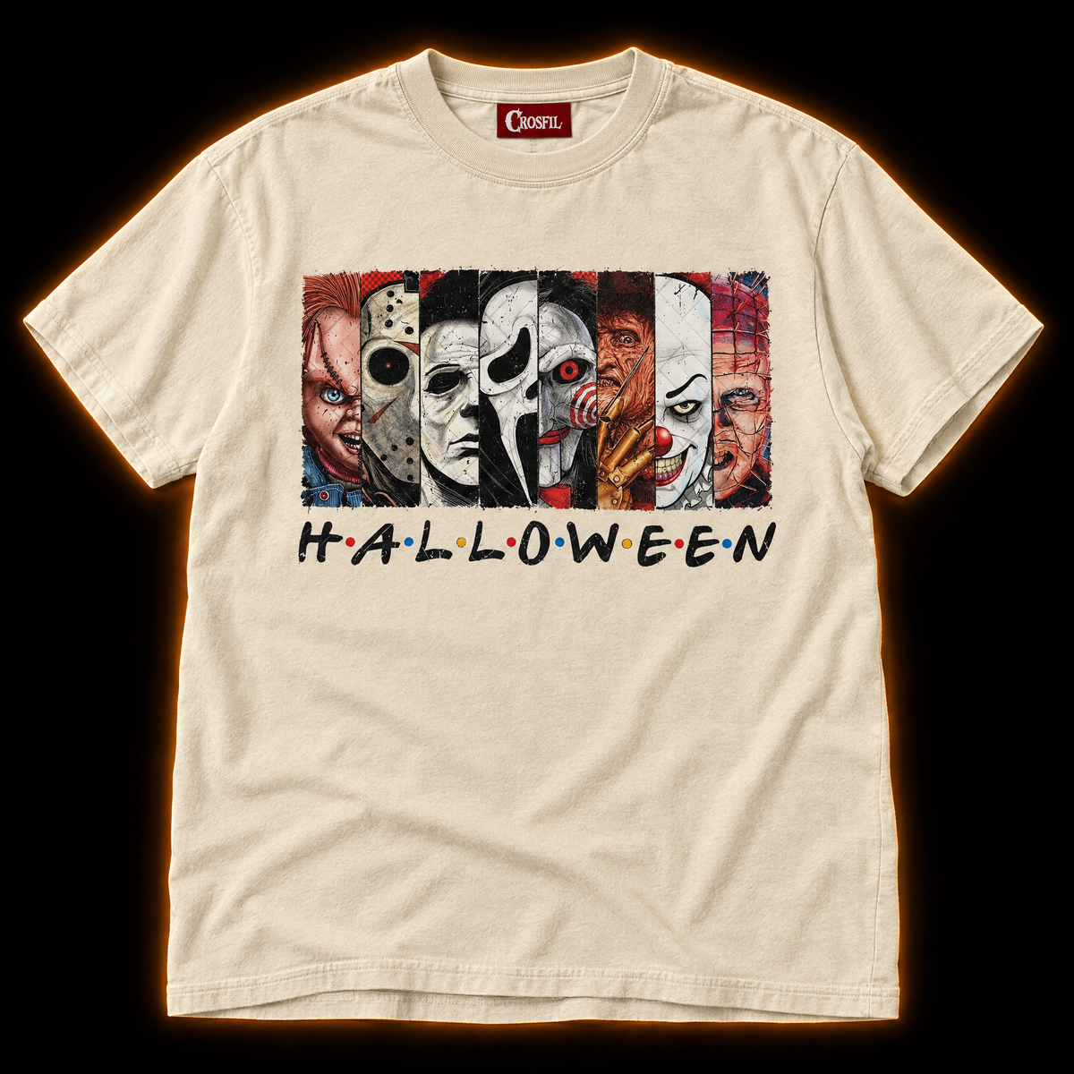 The Lineup ivory T-shirt — horror icons portrait strip print