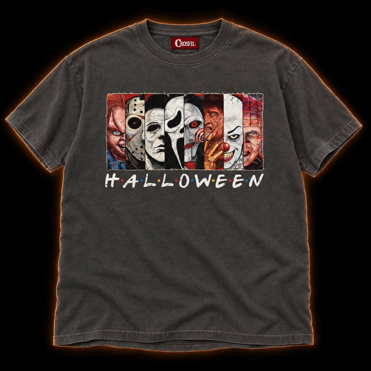 The Lineup pepper T-shirt — horror icons portrait strip print