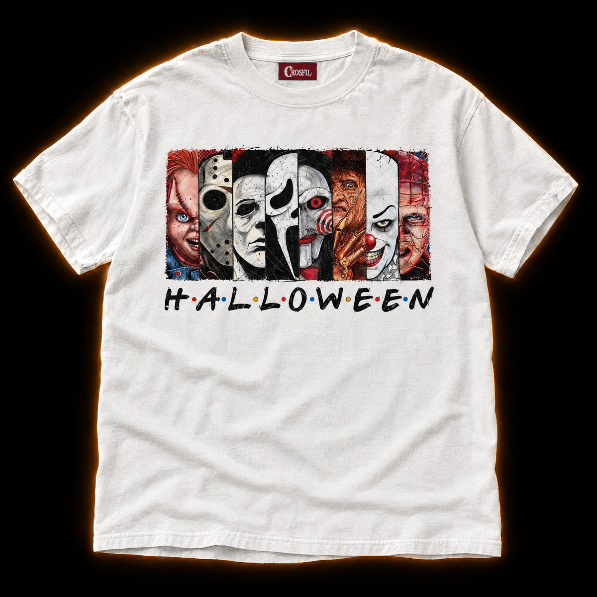The Lineup white T-shirt — horror icons portrait strip print