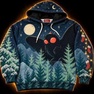 The Lookout hoodie front — red-eyed Mothman in a Santa hat over a snowy pine forest, chalk pastel print