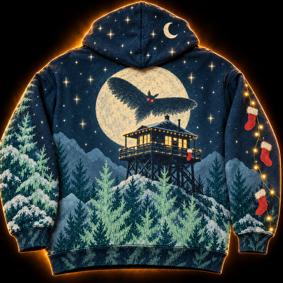 The Lookout hoodie back — fire lookout tower with Christmas lights under a full moon and Mothman silhouette