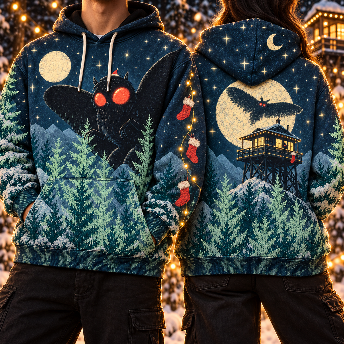 Two people wearing The Lookout Mothman Christmas hoodie