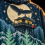 Close-up of The Lookout hoodie back — lit lookout tower windows and full moon
