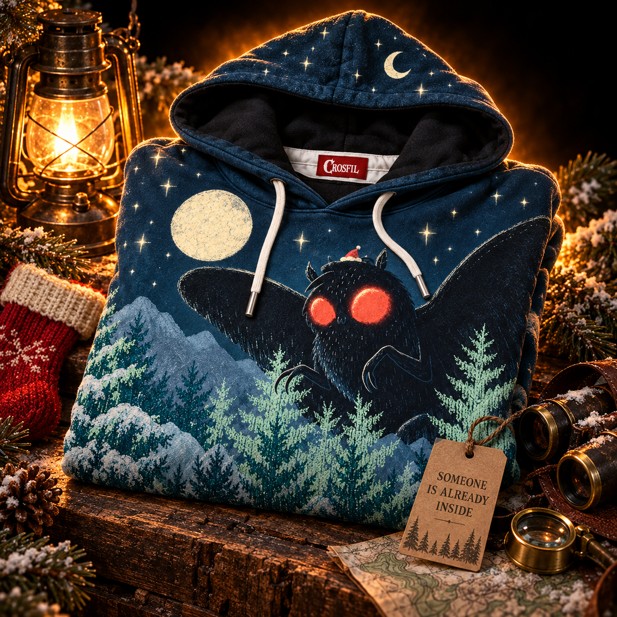 The Lookout hoodie folded with a lantern, stocking and trail map