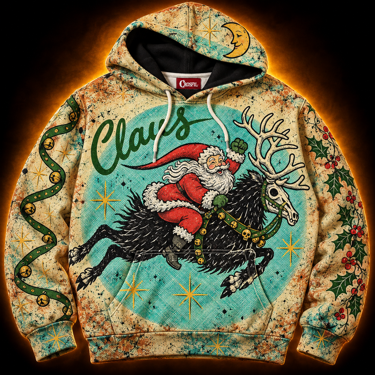 The Night Ride hoodie front — Santa riding a black skull-faced reindeer in a turquoise halftone circle, vintage Christmas card print