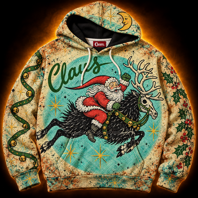 The Night Ride hoodie front — Santa riding a black skull-faced reindeer in a turquoise halftone circle, vintage Christmas card print