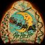 The Night Ride hoodie back — skull-faced reindeer team pulling a sleigh of presents across a smiling crescent moon, Ho Ho Ho