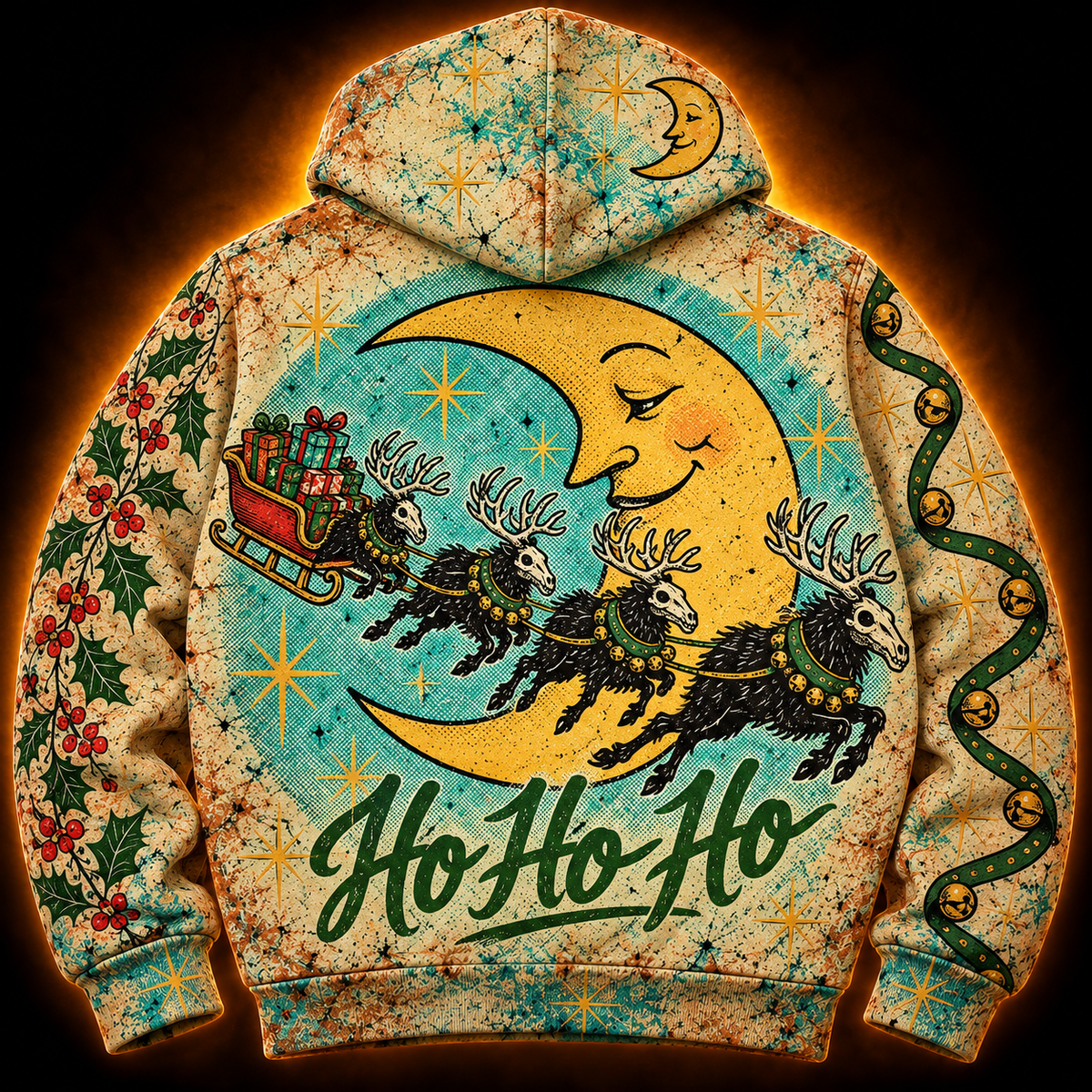 The Night Ride hoodie back — skull-faced reindeer team pulling a sleigh of presents across a smiling crescent moon, Ho Ho Ho