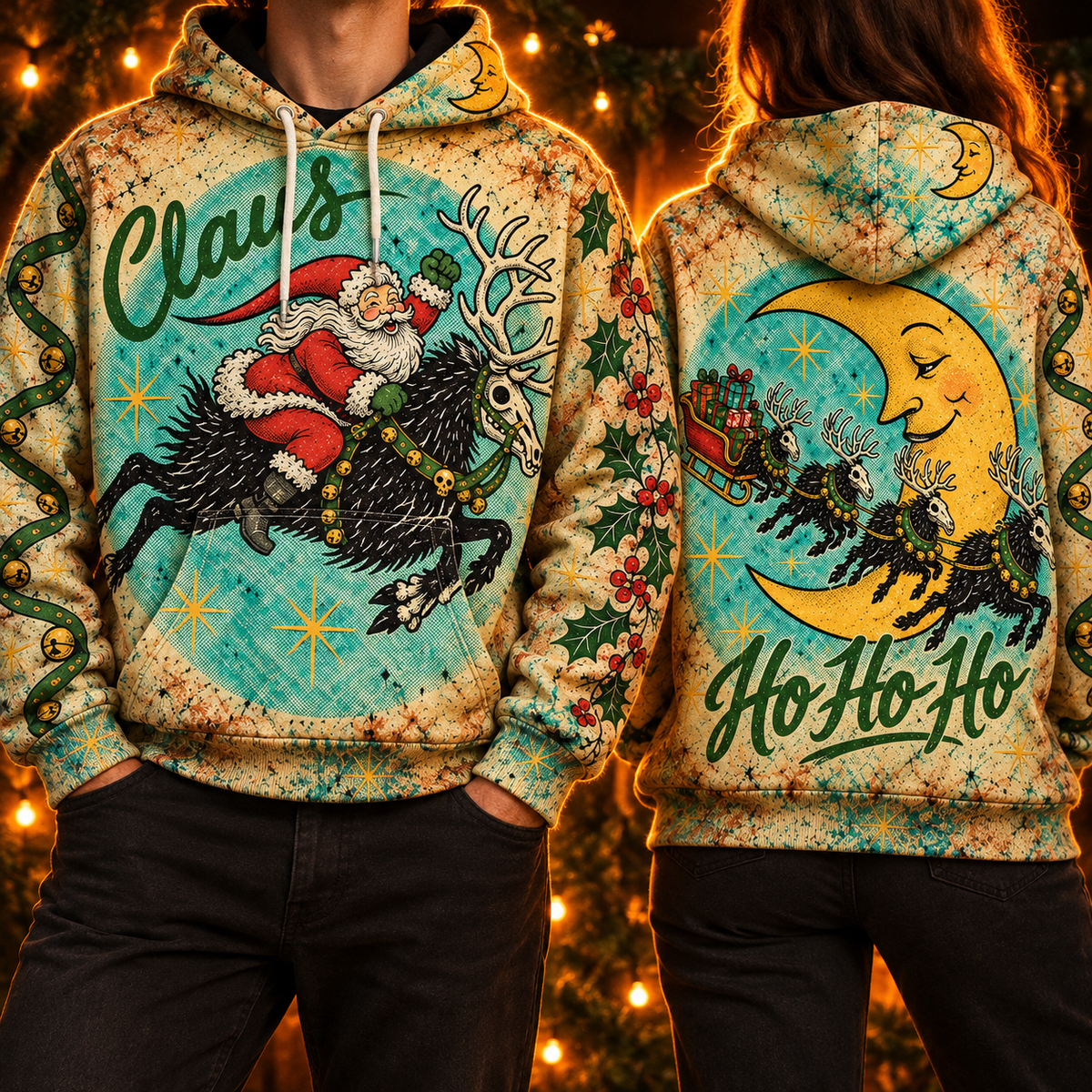 Two people wearing The Night Ride vintage Santa hoodie