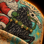 Close-up of The Night Ride hoodie — skull reindeer harness with brass jingle bells and halftone texture