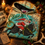 The Night Ride hoodie folded with sleigh bells, holly, an antler and vintage postcards