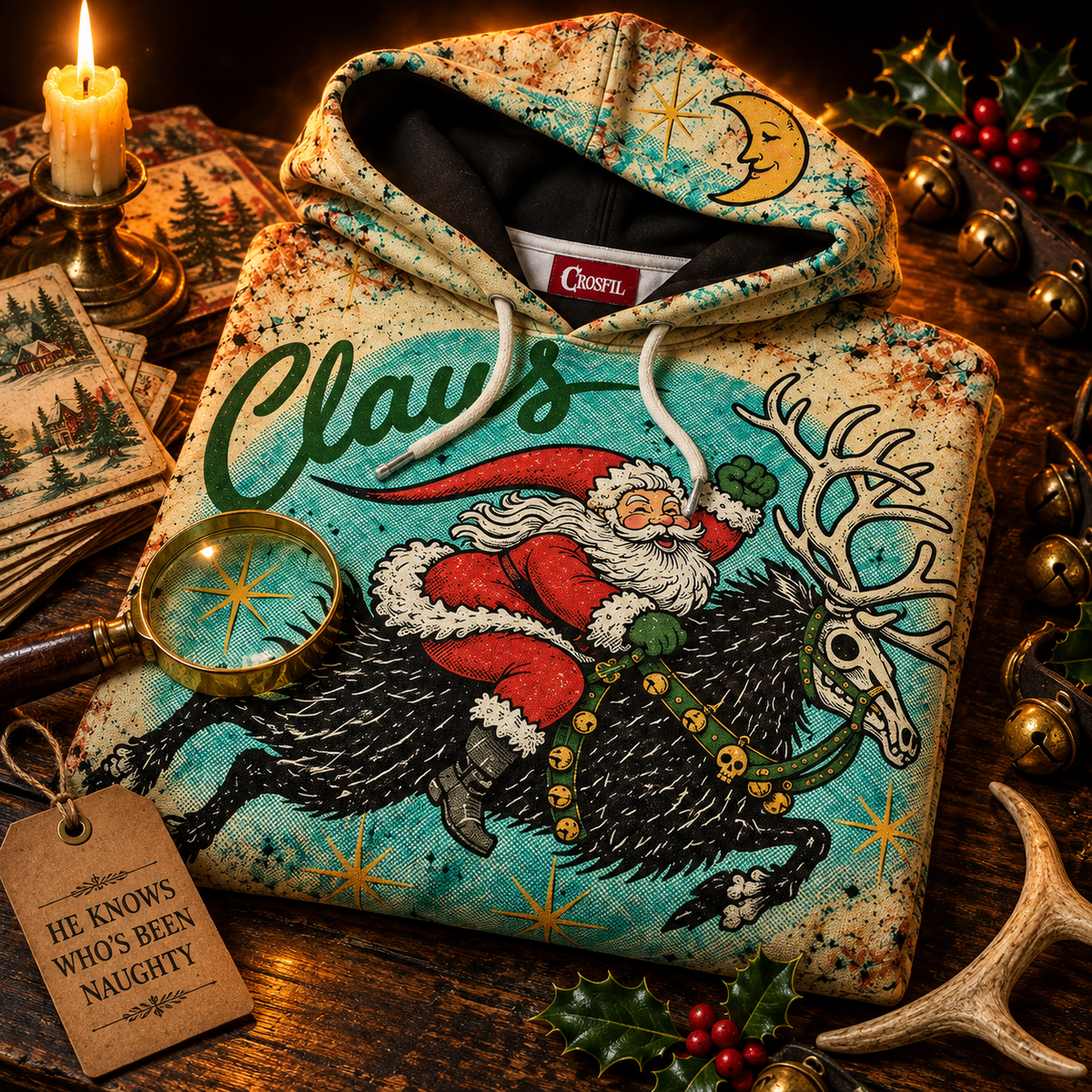 The Night Ride hoodie folded with sleigh bells, holly, an antler and vintage postcards