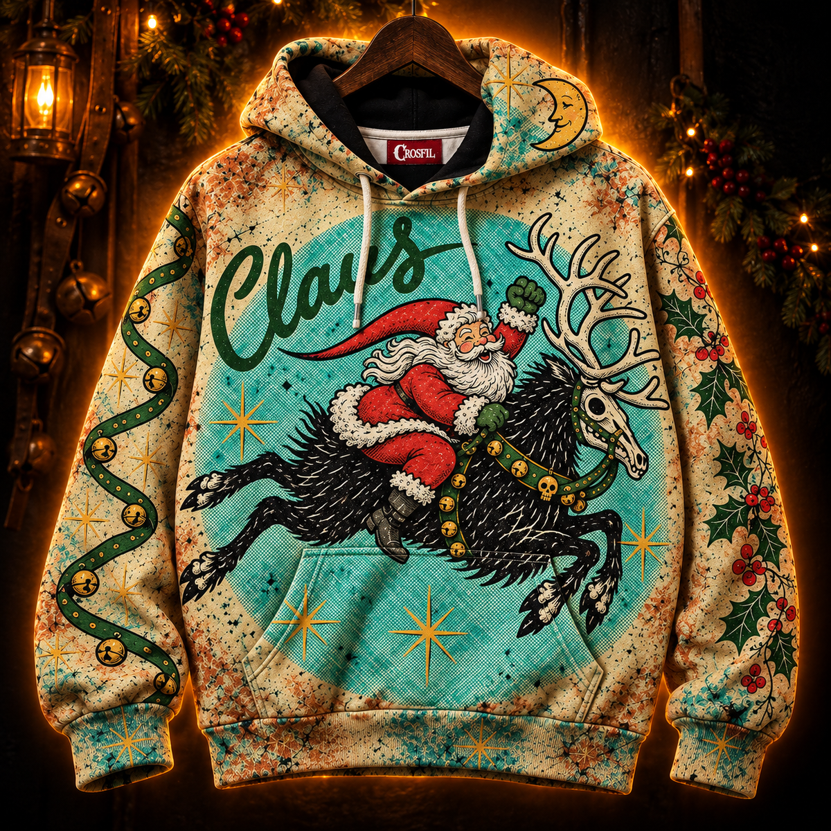 The Night Ride vintage Christmas hoodie hanging on a wooden hanger