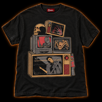Video Nasty black T-shirt — retro horror CRT TV stack with VHS glitch screens, vintage screenprint style