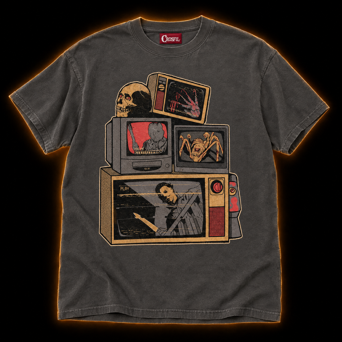 Video Nasty pepper T-shirt — retro horror CRT TV stack with VHS glitch screens, vintage screenprint style