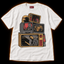 Video Nasty white T-shirt — retro horror CRT TV stack with VHS glitch screens, vintage screenprint style