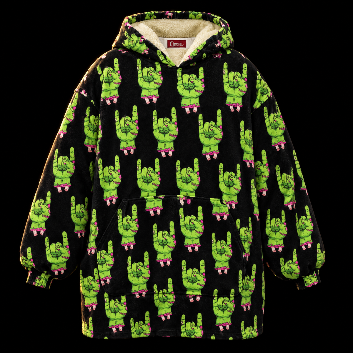 Zombie Rock Hands Unisex Hoodie Blanket — Undead Horns Print