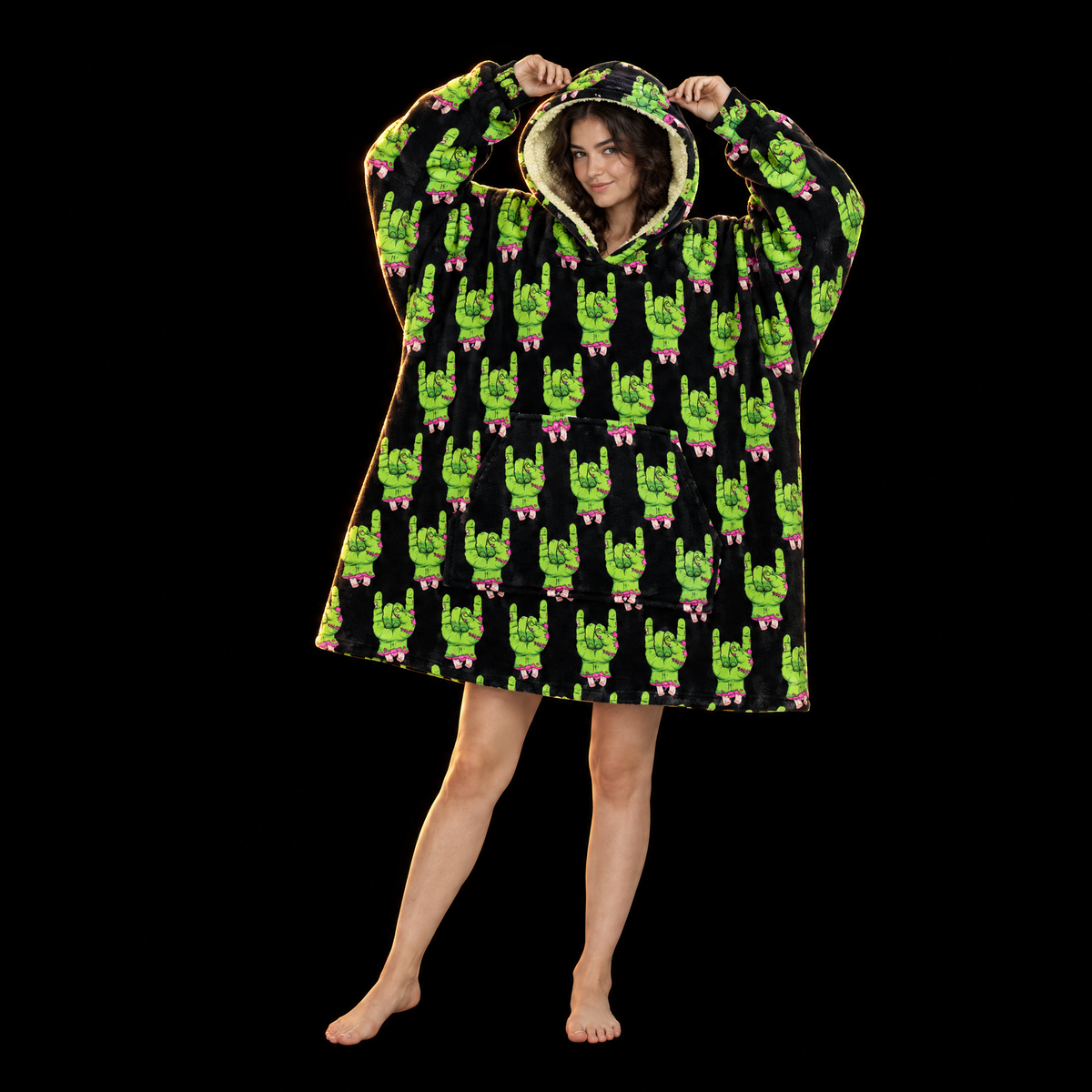 Zombie Rock Hands Unisex Hoodie Blanket — Undead Horns Print
