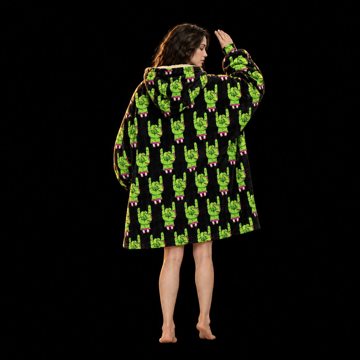 Zombie Rock Hands Unisex Hoodie Blanket — Undead Horns Print