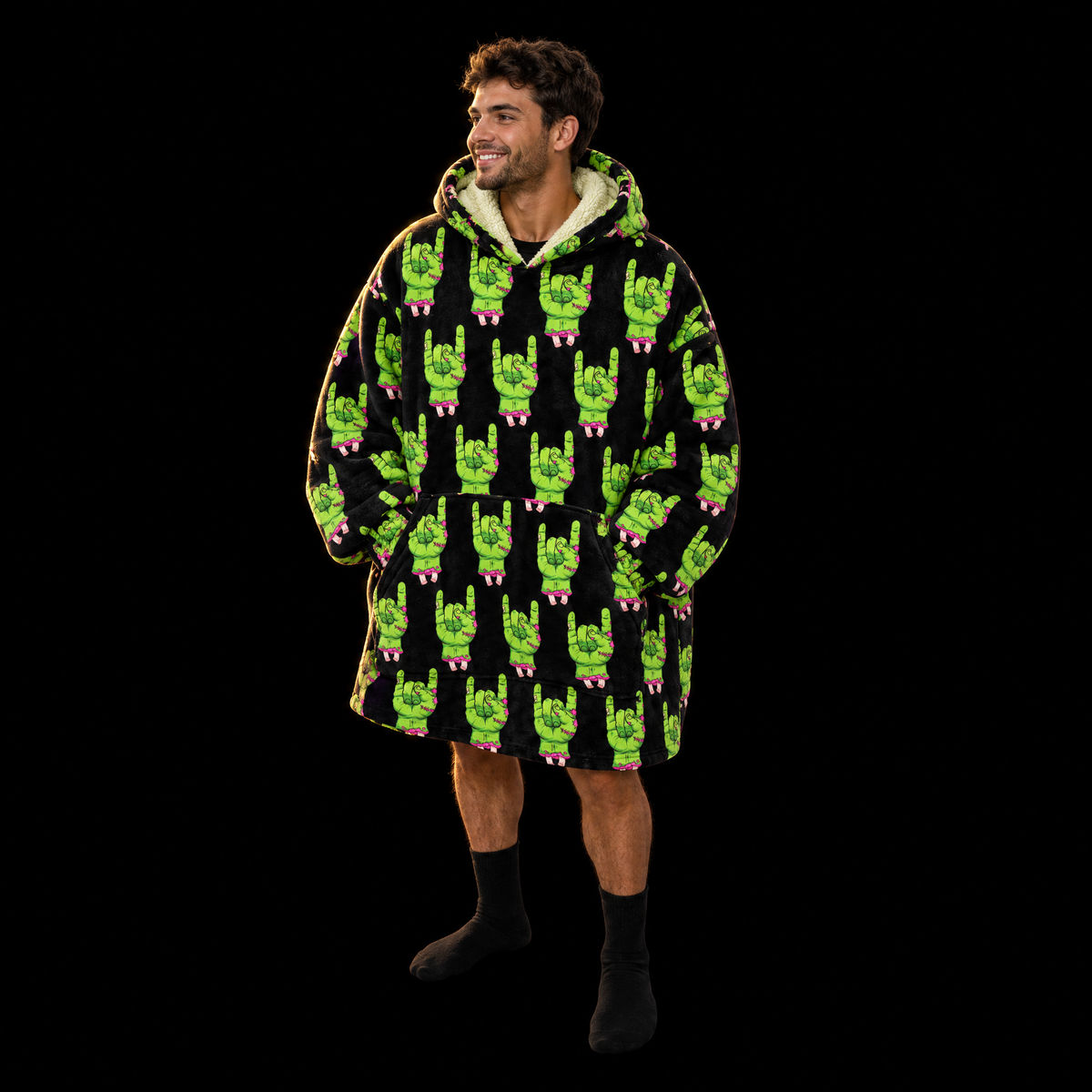 Zombie Rock Hands Unisex Hoodie Blanket — Undead Horns Print