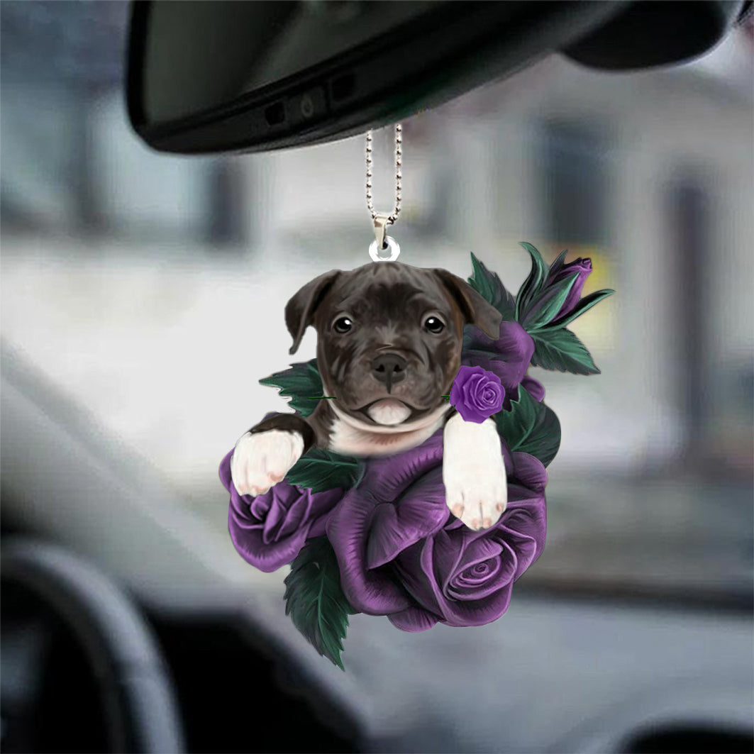Staffordshire Bull Terrier In Purple Rose Car Hanging Ornament