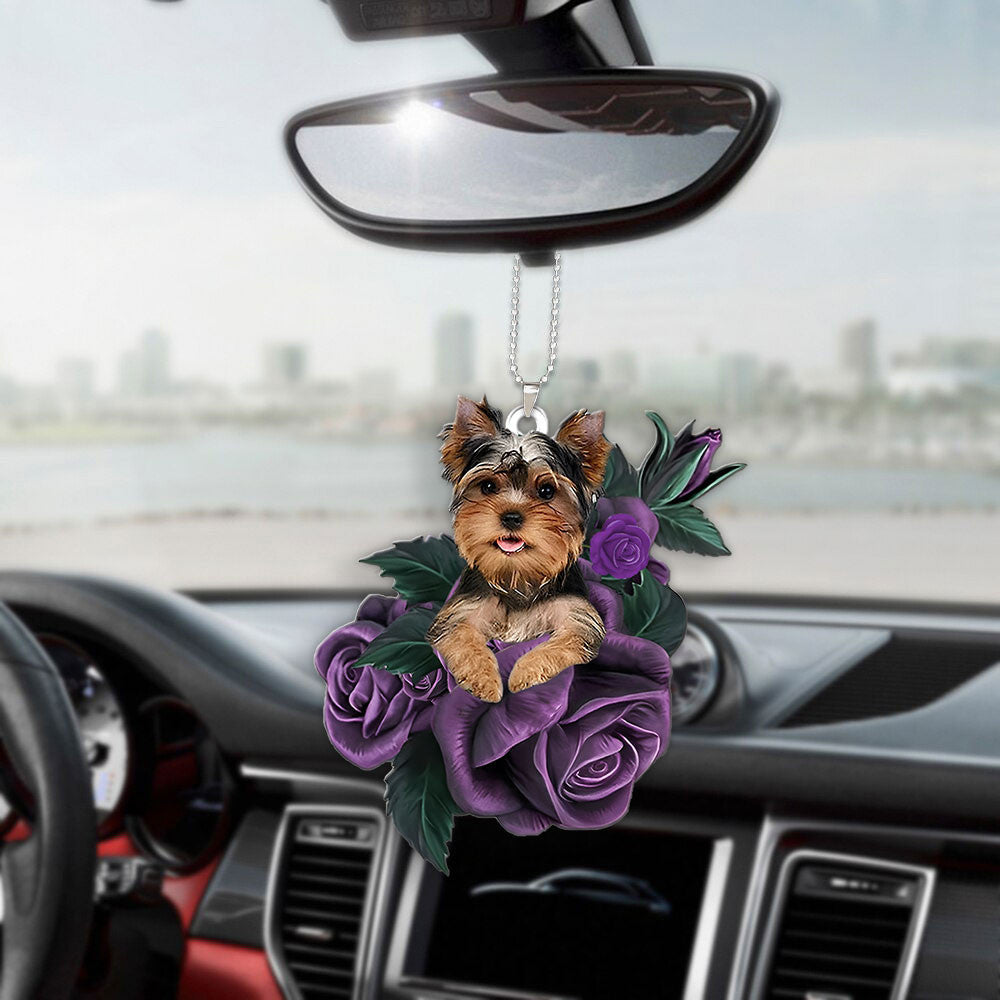 Yorkshire Terrier In Purple Rose Car Hanging Ornament