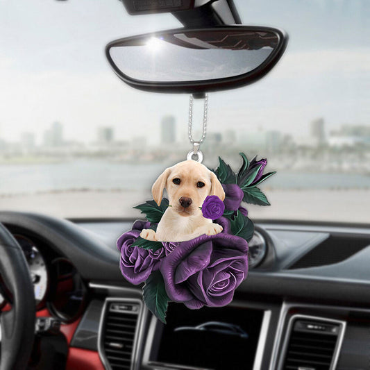 Yellow Labrador In Purple Rose Car Hanging Ornament