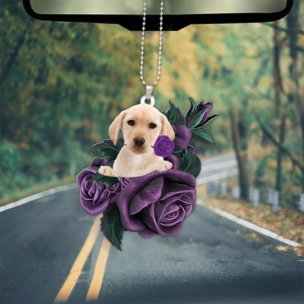 Yellow Labrador In Purple Rose Car Hanging Ornament