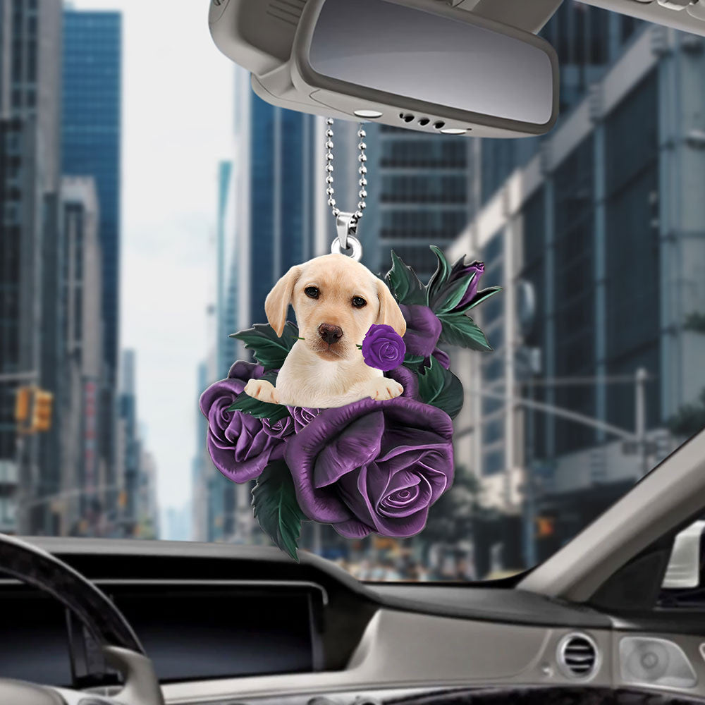 Yellow Labrador In Purple Rose Car Hanging Ornament